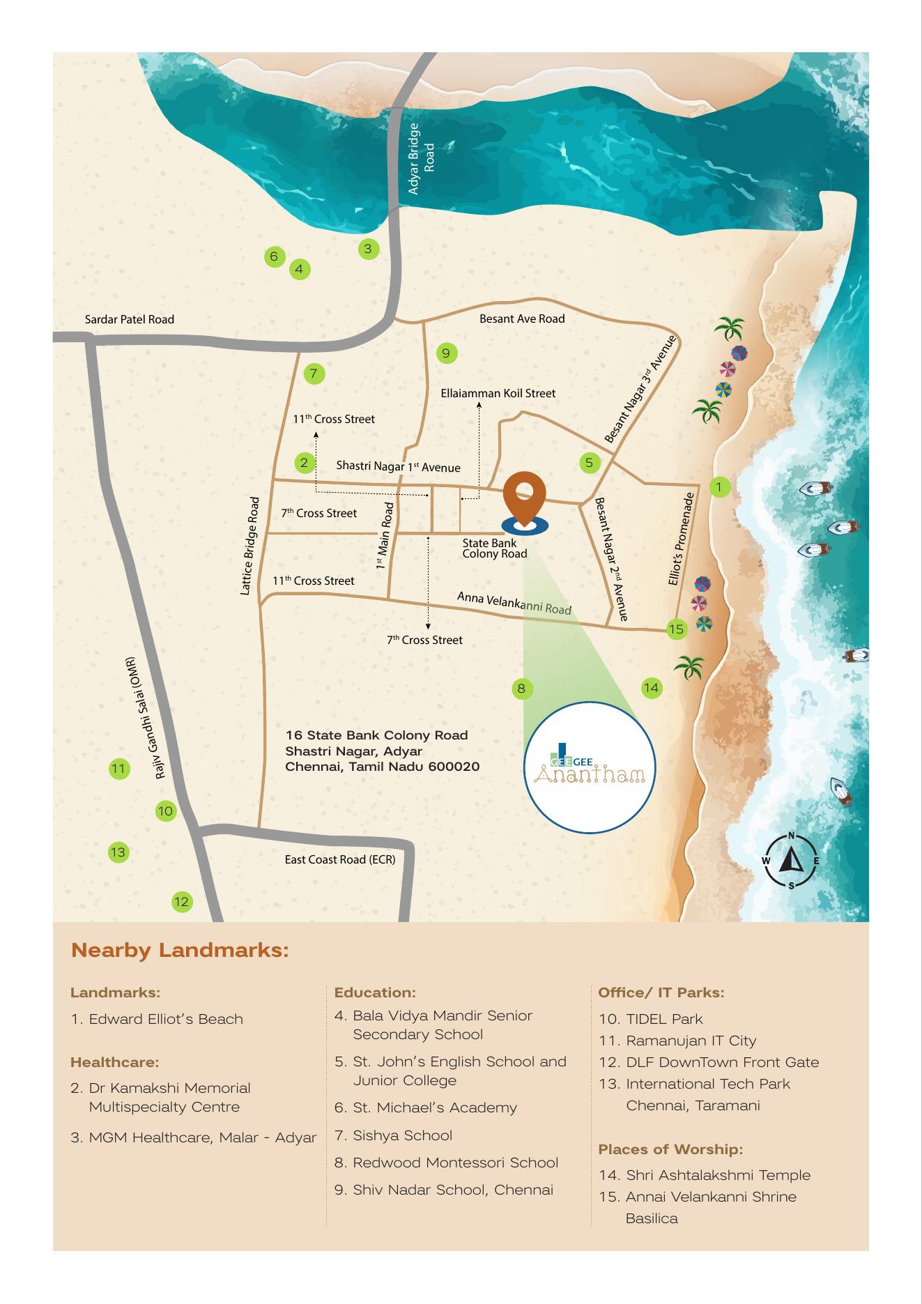 Illustrated map showing Gee Gee Anantham and nearby Adyar landmarks